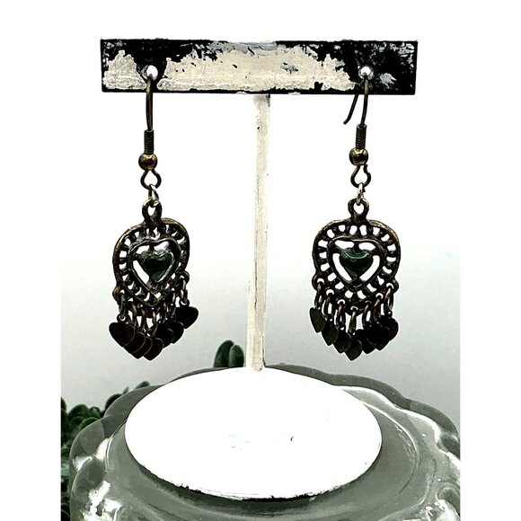 Vintage Inspired Heart Dangle Earrings With Green Stone Accent & Bronze Finish - Picture 3 of 4